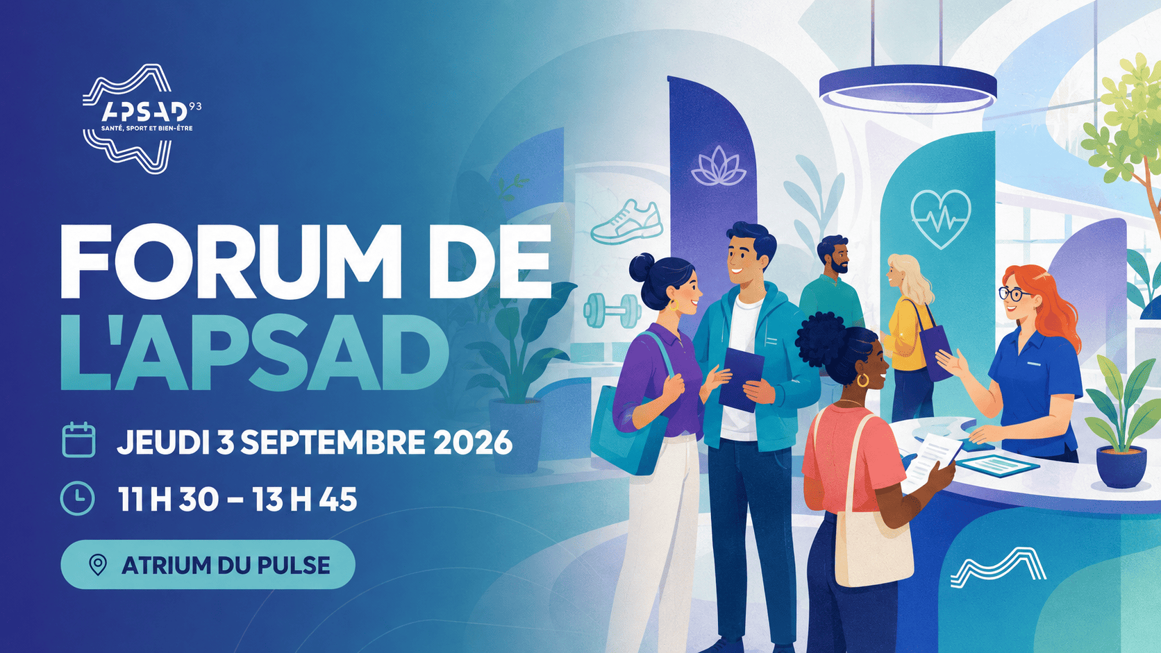 Forum de l’APSAD 93 le jeudi 3 septembre 2026 à l’Atrium du Pulse, avec une démonstration sportive collective.
